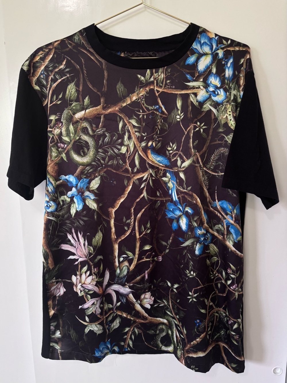 Zara| Men’s Black Tee w/Blue Floral & Green Tropical Print Sz M